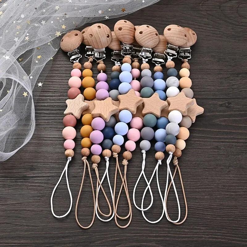 Clips de chaîne de sucette pour bébé, anneau de dentition pentagramme en bois, perles rondes en Sili