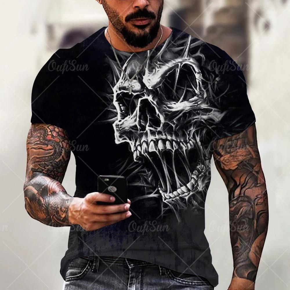 T-shirt imprimé tête de mort 3D rétro, hip hop, personnalité, super cool, horreur, décontracté, mode