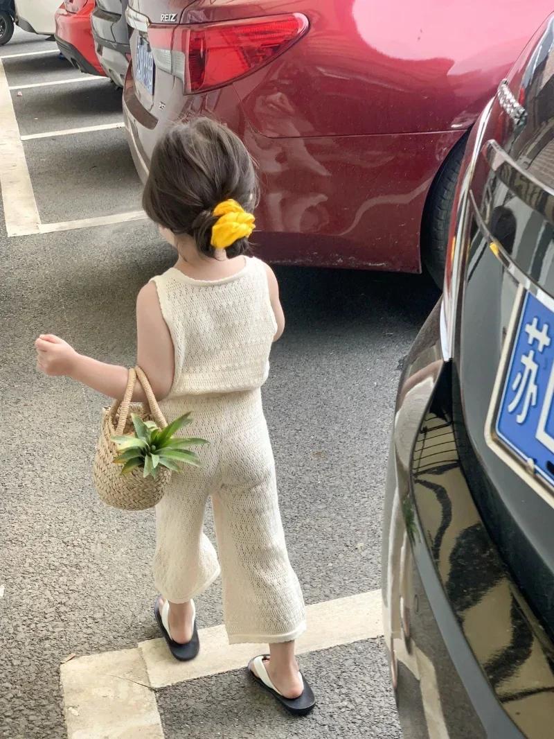 Ensemble été fille 2024 en tricot coréen fin - Gilet ajouré respirant et pantalon large élégant