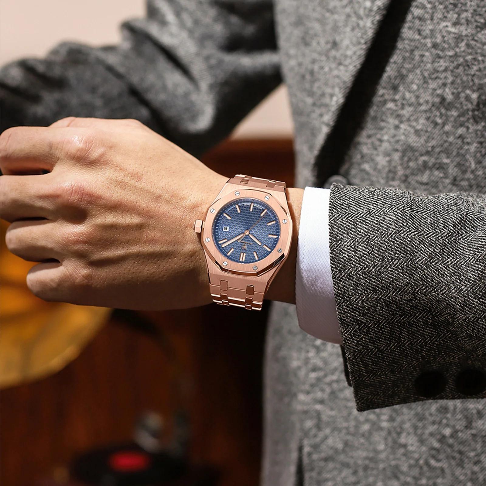 POEDAGAR vente chaude étanche calendrier lumineux en acier inoxydable montre carrée pour hommes étud
