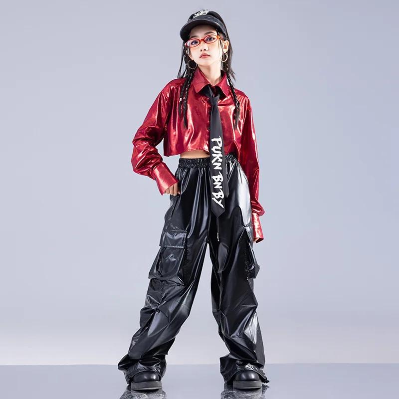 Haut court rouge à manches longues, pantalon en cuir, Costume de danse Jazz, vêtements pour filles, 