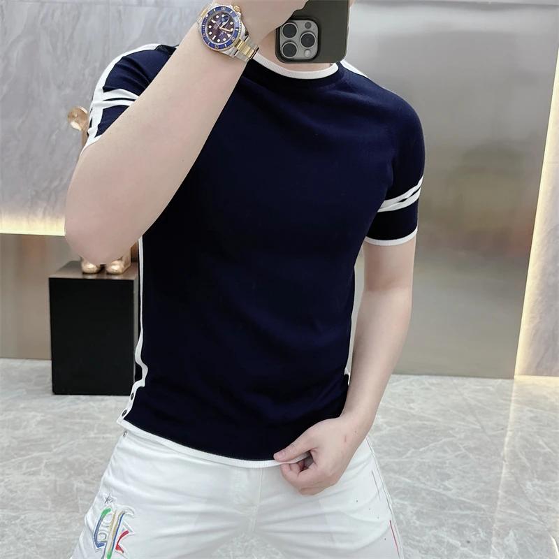 T-shirt d'été à rayures pour hommes T-shirt à col rond à manches courtes Ice InjShort T-shirt Slim F