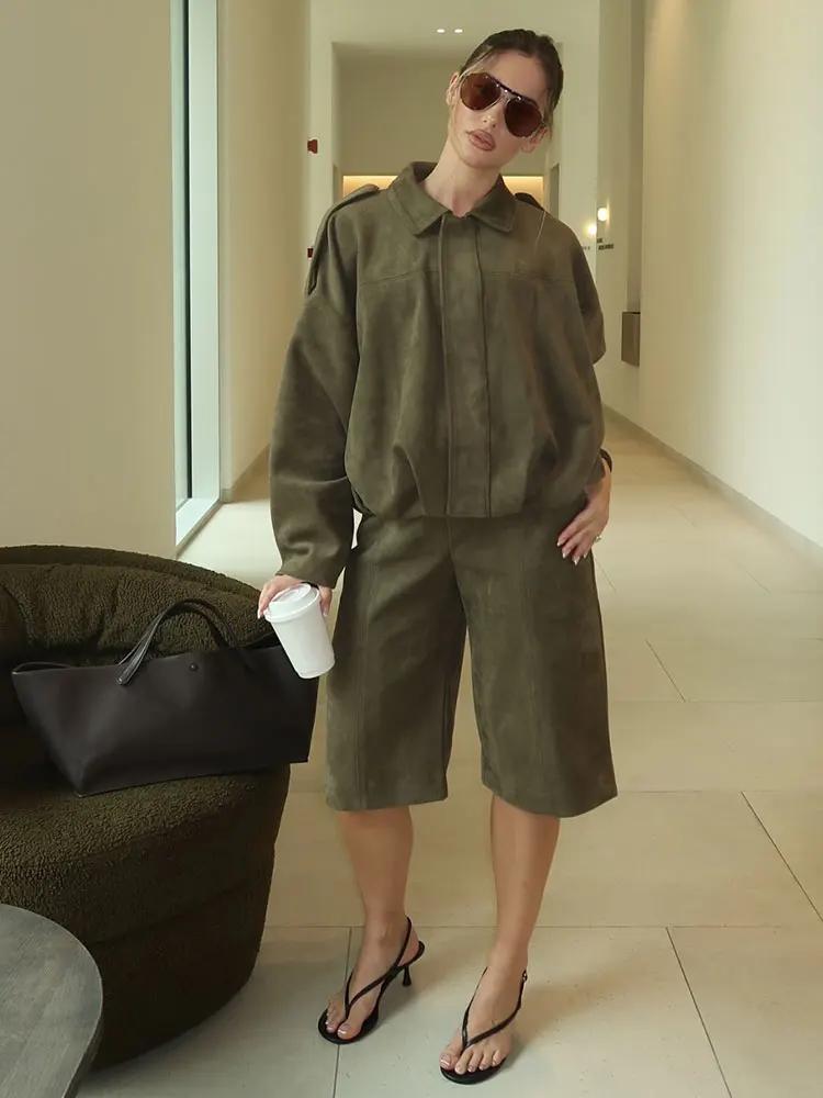 HH printemps femmes daim manteau pantalon ensembles revers fermeture éclair manches longues vestes S