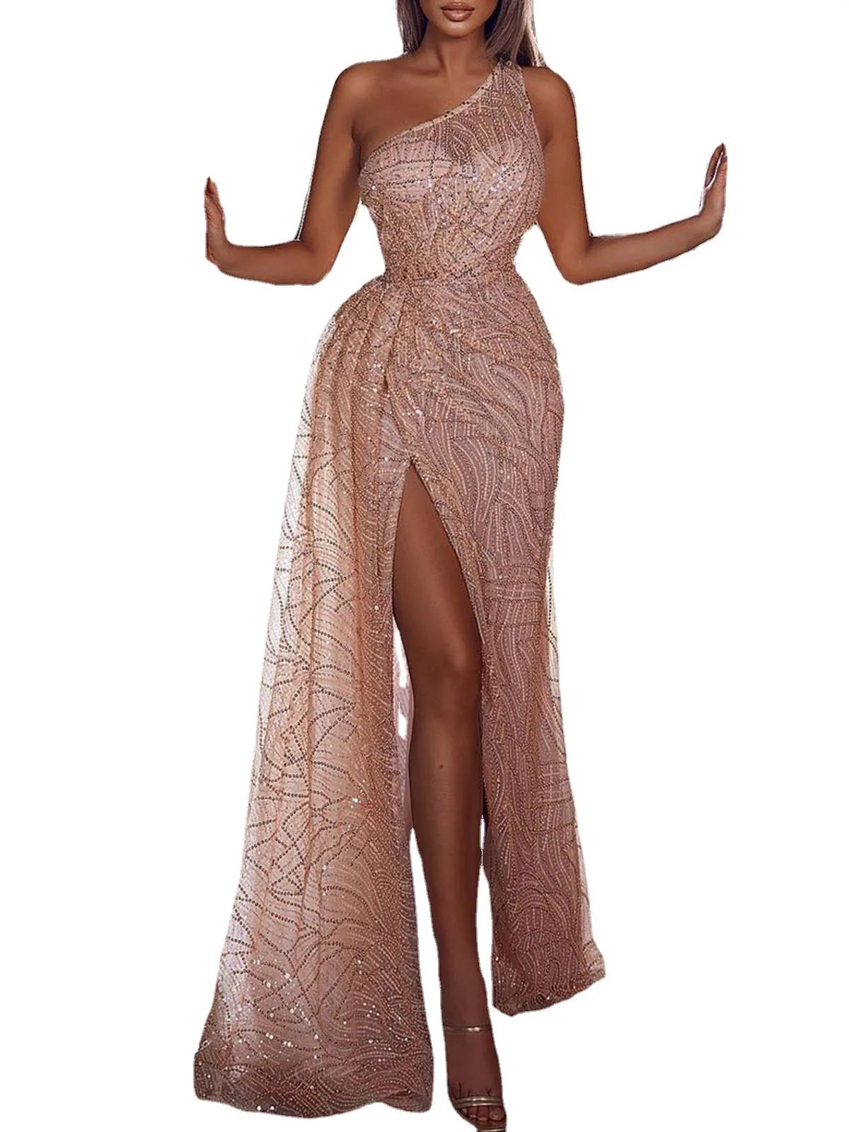 Women's Sexy Sequins One-shoulder Party Dress Bag Hip Skirt New Fashion Elegant Party Dresses Female