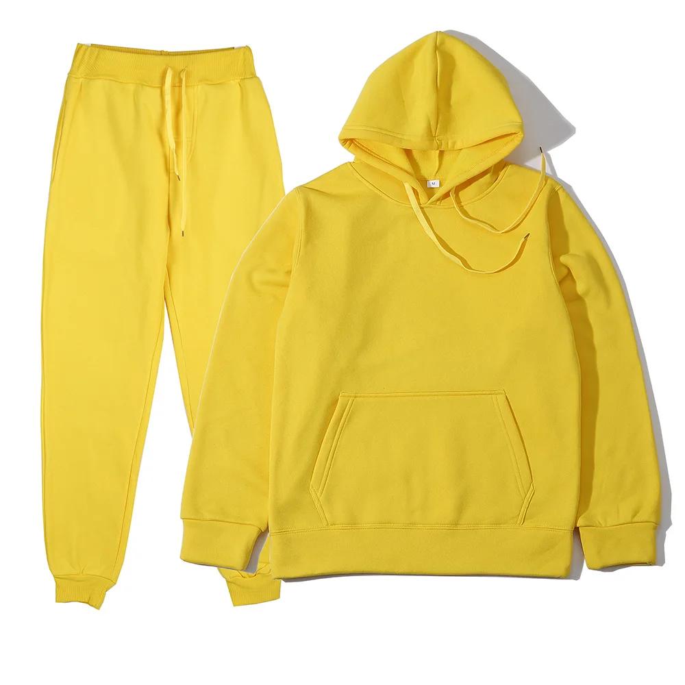 Homme automne et hiver nouvelle couleur unie sweat à capuche + pantalon deux pièces ensemble à la mo