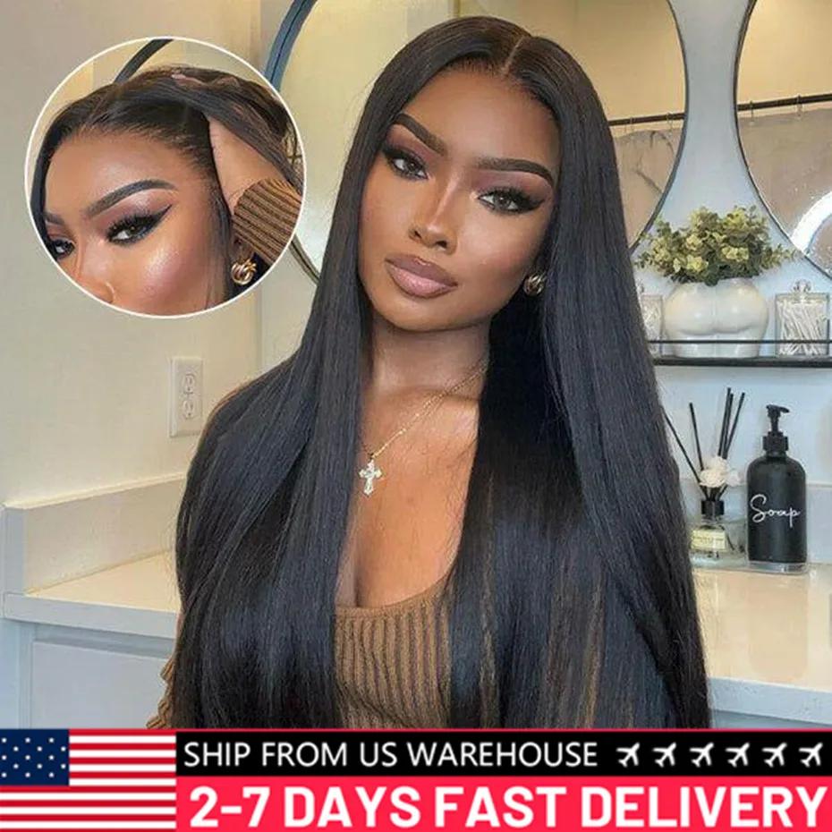 Perruque de cheveux humains droite sans colle pour femmes noires, perruque de fermeture en dentelle 