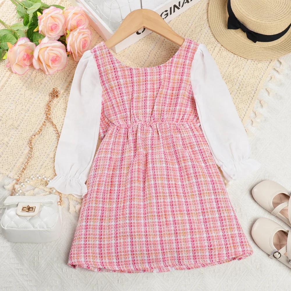Menoea – robe d'automne pour filles, col rond, carreaux, boutons en dentelle, manches longues, mode 