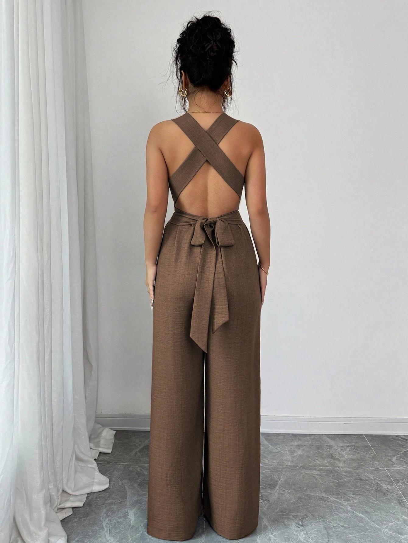 Combinaison femme col en v cravate taille large tenue d'été décontractée Style Madeleine été marron