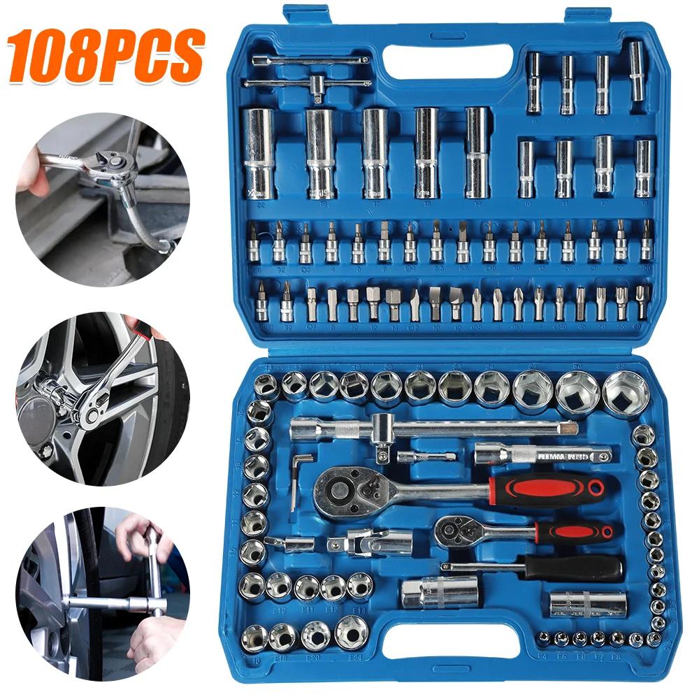 Jeu de clés à douille à cliquet, 108 pièces, ensembles d'outils de réparation automobile, clé dynamo