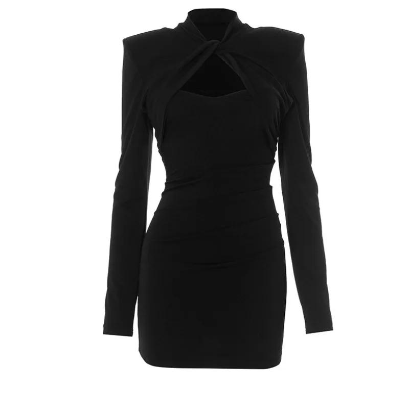 Mode automne Sexy femmes coupe ajustée à manches longues robe de soirée élégante évider robe de soir