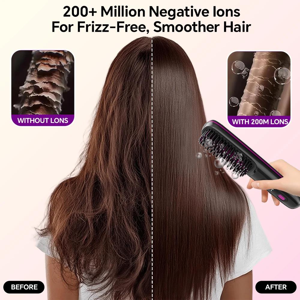 Brosse lissante sans fil rechargeable, peigne lissant à ions négatifs avec 3 réglages de température