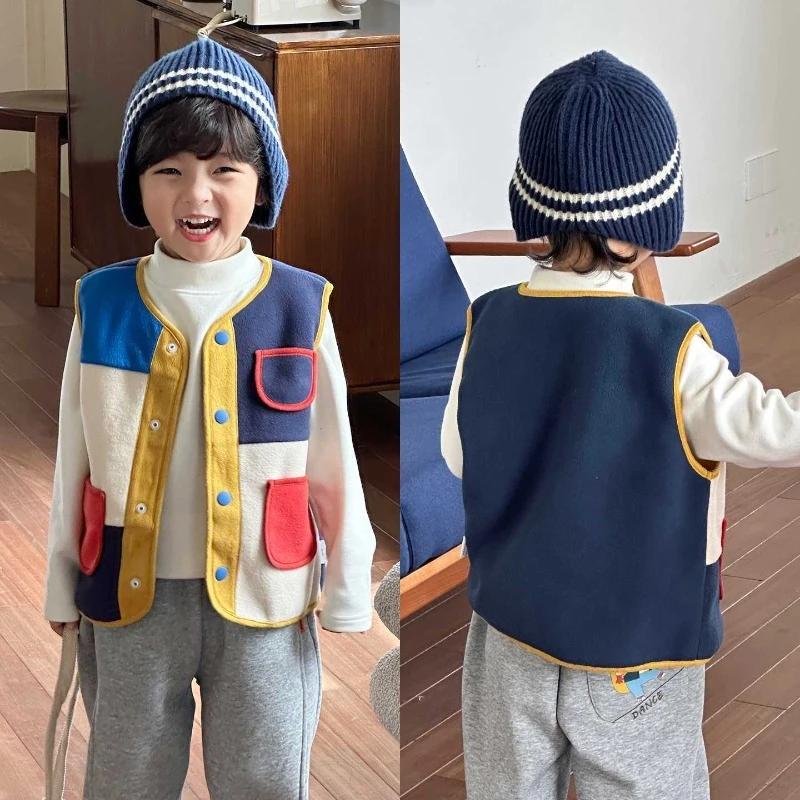 Gilet polaire pour enfants, Patchwork coloré, isolation thermique, chaud, pour garçons, nouvelle col