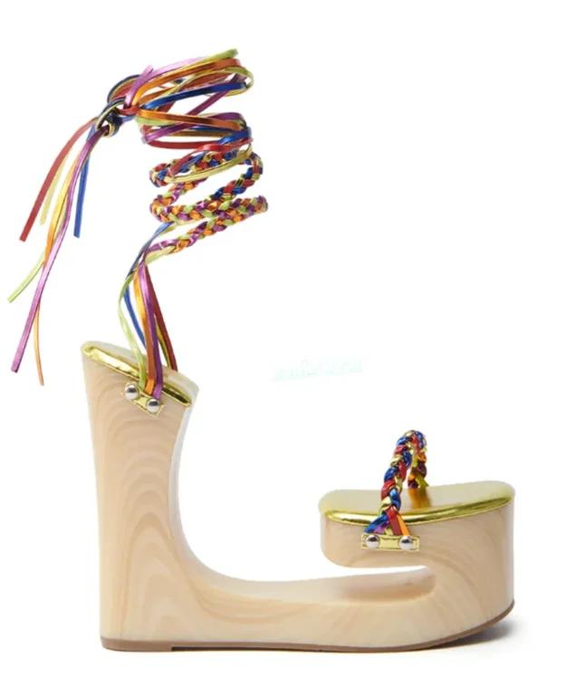 Nouvelle Arrivée Sandales Compensées à Lacets en Bois pour Femme, Rouge Arc-en-ciel, à Brides Croisé