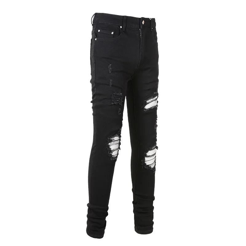 Jean de motard en cuir fissuré pour homme, pantalon en Denim Stretch, effilé, déchiré, Patchwork noi