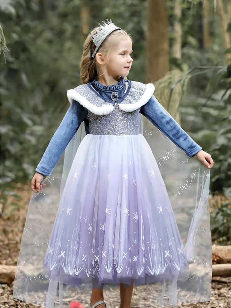Robe princesse Elsa Reine des Neiges velours cape bleue - Costume fête filles 3 à 9 ans collection printemps