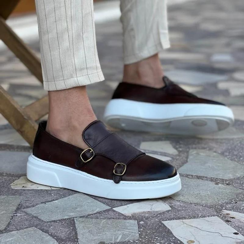 Chaussures de sport à enfiler faites à la main pour hommes, baskets à double structure, noir, marron