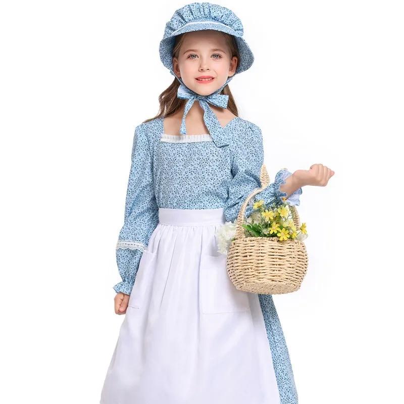 Robe longue florale rose et bleue style campagnard pour femme, costume de pionnier des prairies