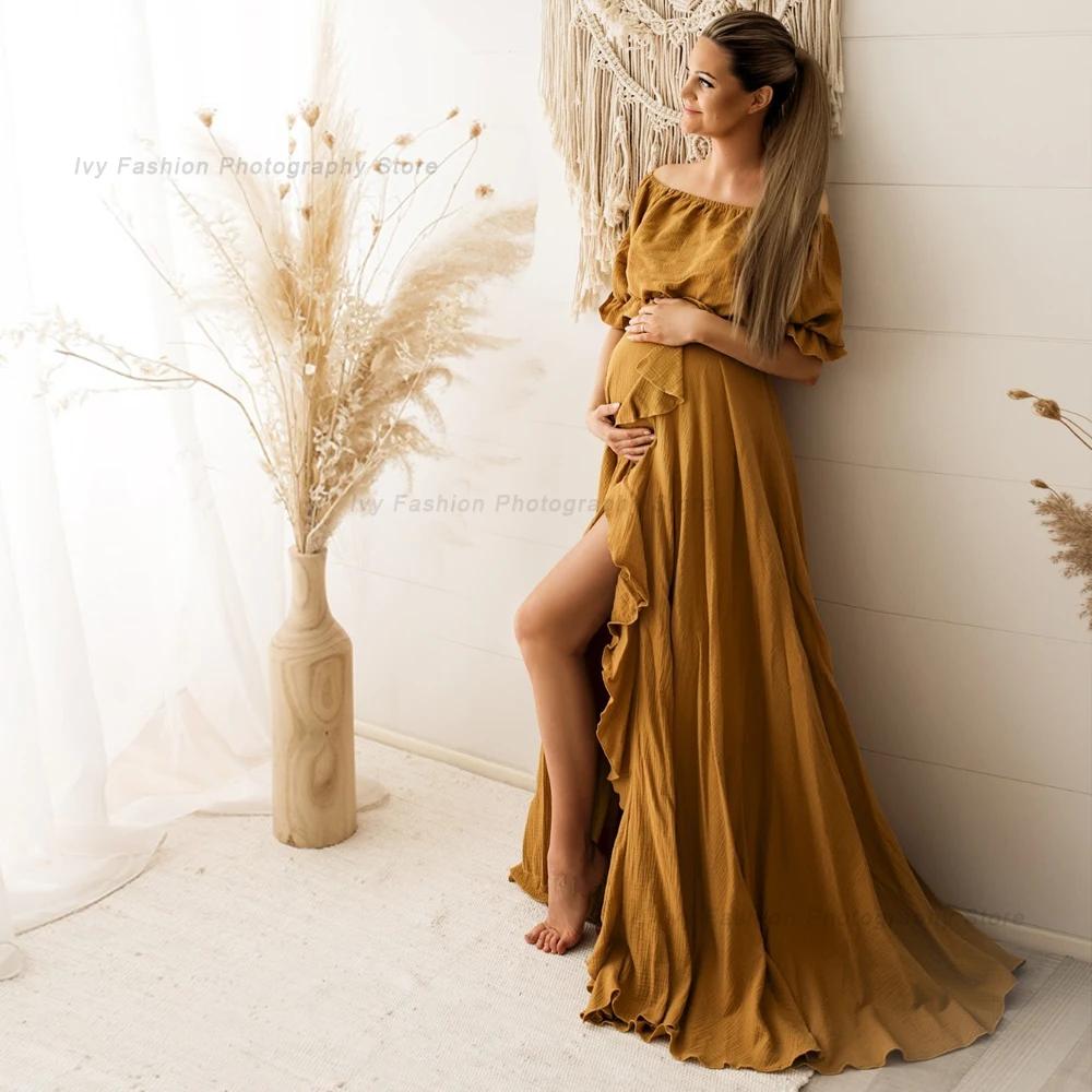 Robe de grossesse bohème fendue sur le côté, bord à volants, Vintage, confortable, en lin, Style Boh
