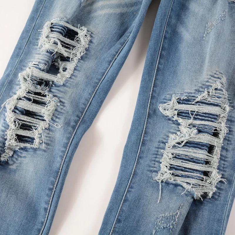 Jean de motard en Denim Stretch pour hommes, pantalon déchiré classique, bleu plissé, Patchwork, Str