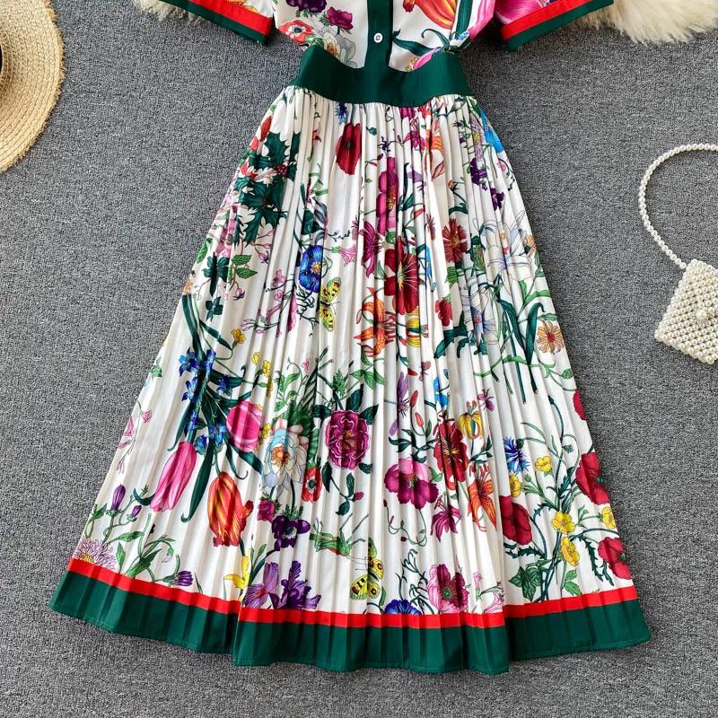 Robe Midi plissée à manches courtes pour femmes, chemise à col superposé, imprimé floral, Slim, tenu