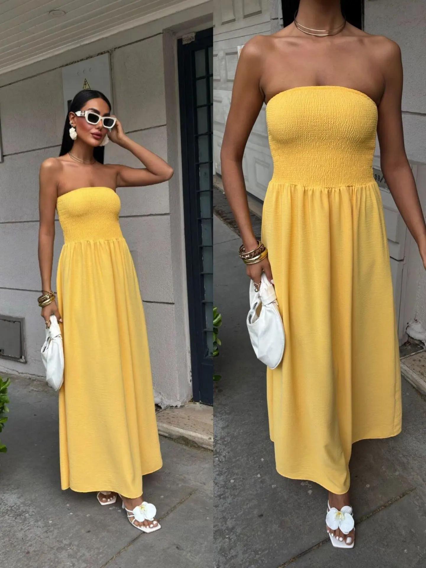 Nouvelle Robe Longue Été 2026 Tendance Couleur Unie Épaules Dénudées Sans Bretelles Taille Cintrée p