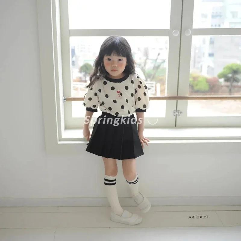 T-shirt d'été pour enfants, mignon, ondulé, à pois, petit ours brodé, vêtements pour enfants