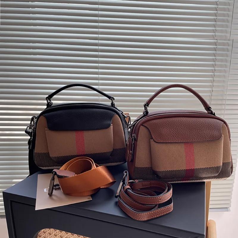 Sac fourre-tout vintage à carreaux pour femme - Toile de qualité - Mélange de cuir, haut élégant - S