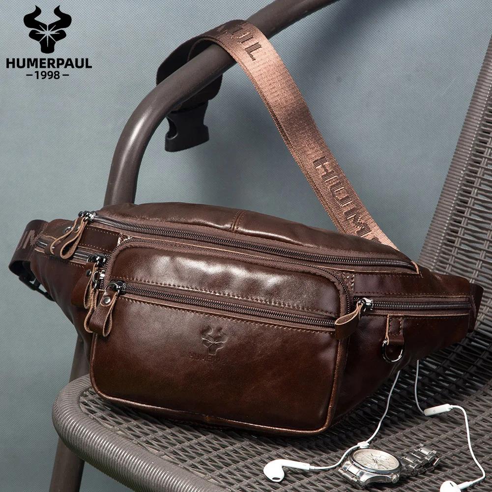HUMERPAUL-Sac de taille en cuir véritable pour homme, sac banane décontracté, sac de poitrine extéri