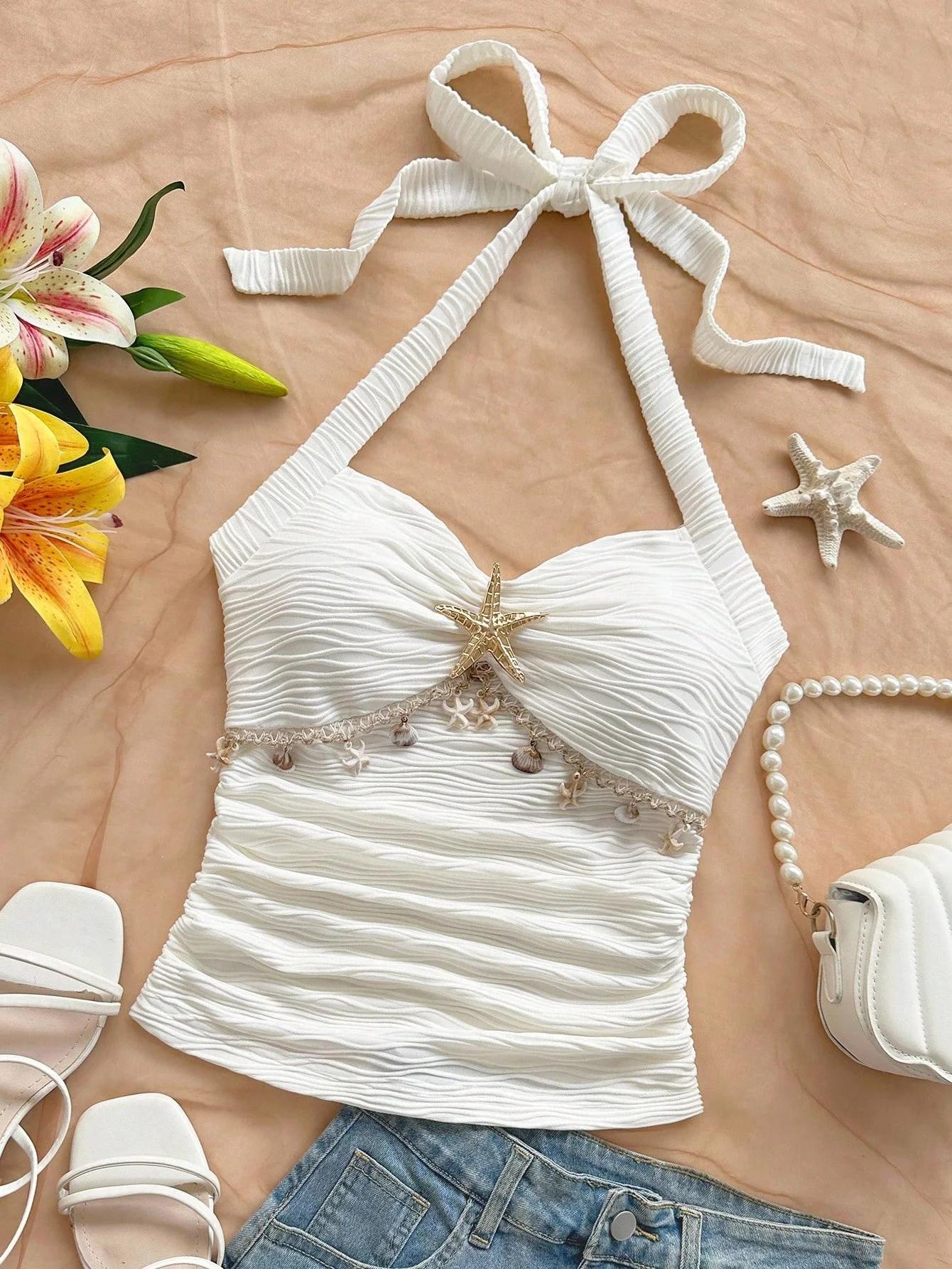 Cravate à bretelles pour femmes, décoration de coquille d'étoile de mer, gilet en tissu tricoté à bo