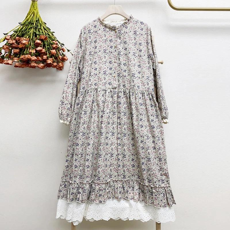 JohmobJapanese-Robe vintage en coton et lin pour femme, imprimé patchwork, en dentelle, avec poches,