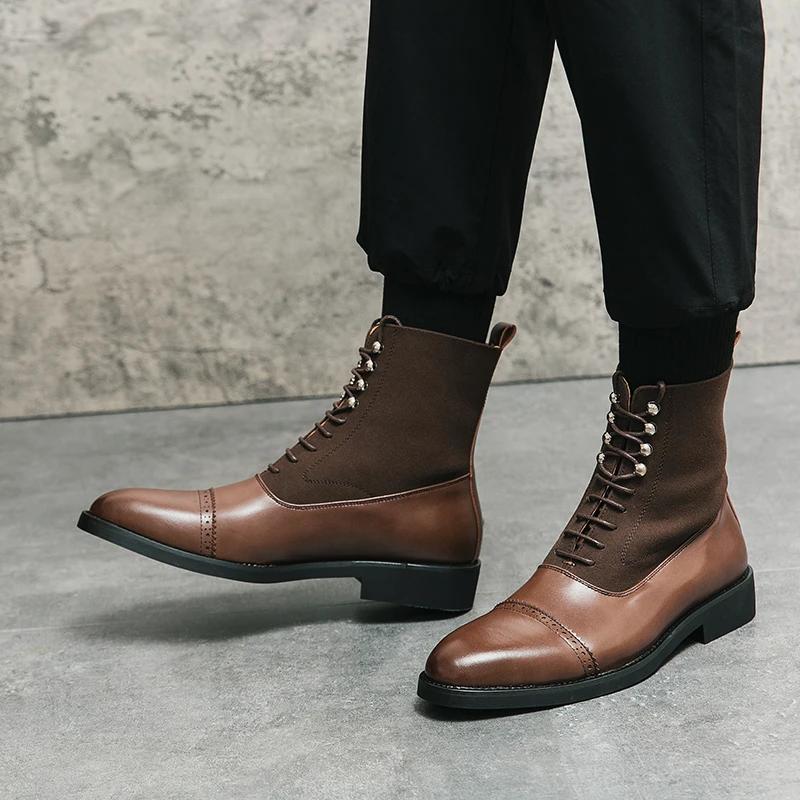 Bottes courtes en cuir de style britannique pour hommes, chaussures décontractées noires, marque, gr