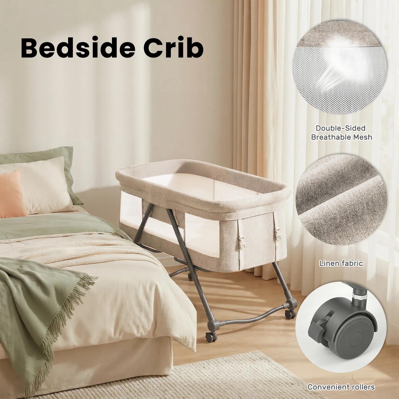 Lit de voyage convertible 4-en-1 pour bébé – Berceau à bascule avec roues silencieuses, design pliab