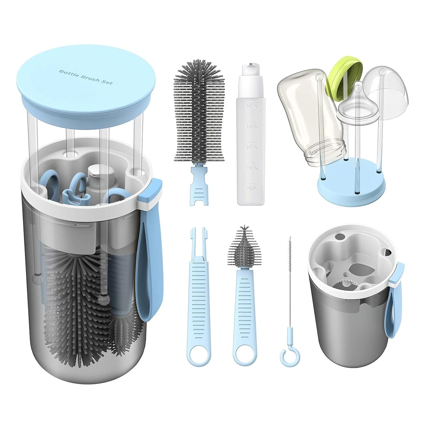 Ensemble de brosses à bouteilles ortable, matériau ABS, avec brosses en silicone, égouttoir et acces