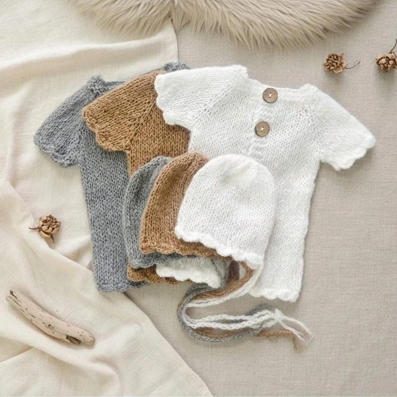 Barboteuse en Crochet faite à la main pour bébé, 2 pièces, avec chapeau, tenues de photographie pour