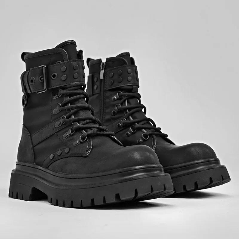 Bottes de moto polyvalentes à plateforme courtes décontractées noires style britannique rétro pour h