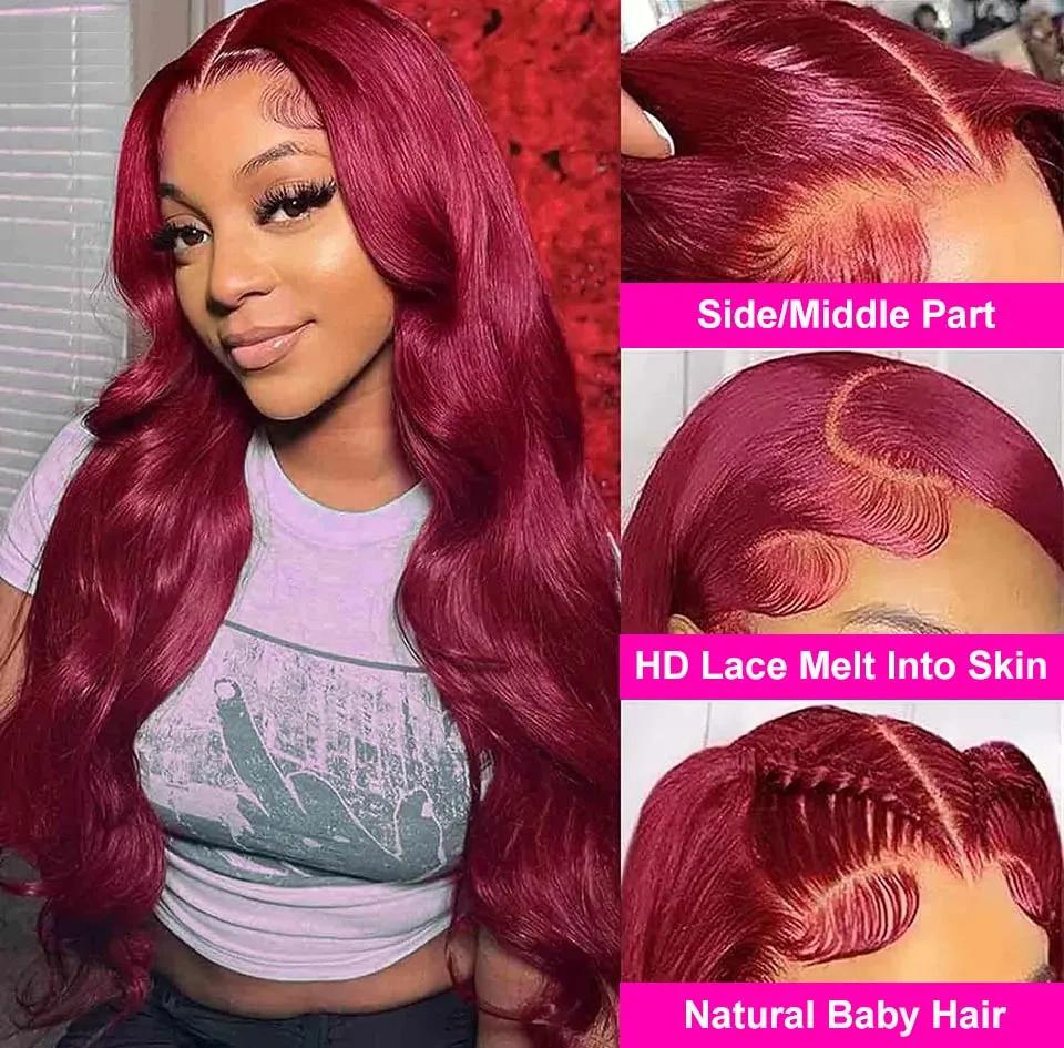 Perruque Lace Front Wig Body Wave Brésilienne Naturelle, Cheveux Humains, Bordeaux 99J, 13x6 HD, 13x