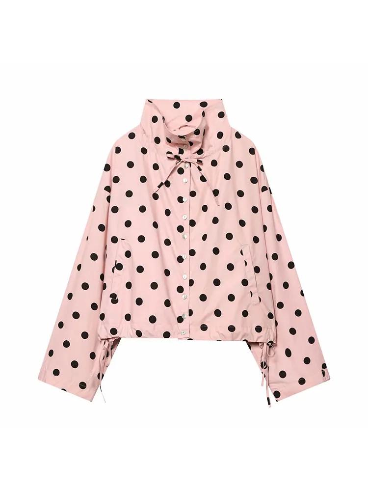 Veste rose à pois à manches longues pour femme, manteau décontracté à col montant et simple boutonna