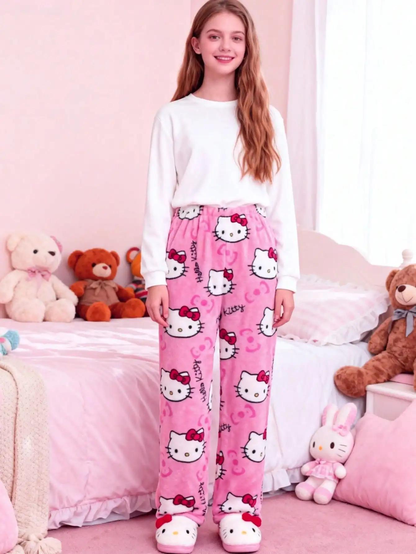 Pantalon de maison en flanelle épaisse et chaude pour enfants Sanrio, pantalon de loisirs et ample p
