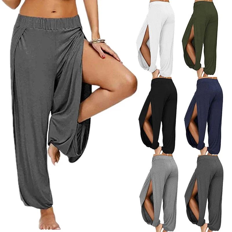 Pantalon Haren d'été à fente haute pour femmes, pantalon de sport, de Yoga, couleur unie, ample, Hip