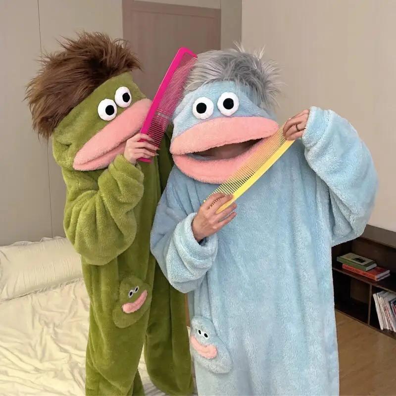 Pyjama de dessin animé automne-hiver pour couple, combinaison fantaisie à capuche monstre à bouche é