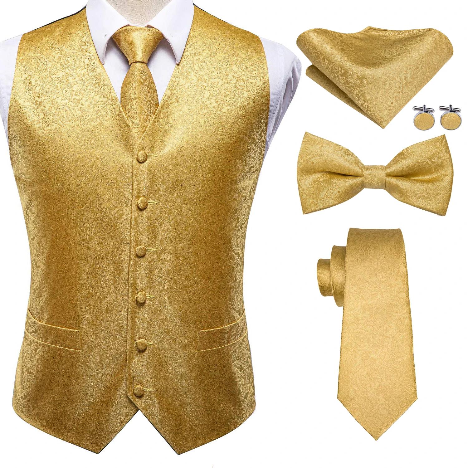 Gilet de Costume Homme Luxe Doré Rouge Bleu Vert Jaune avec Cravate Nœud Papillon Pochette Boutons d