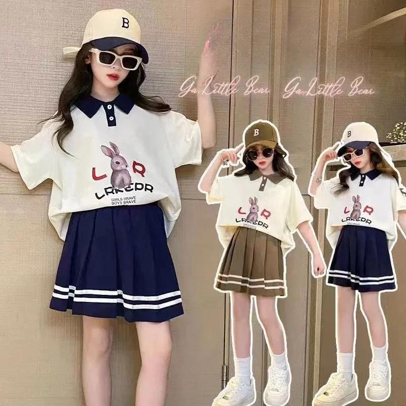Ensemble de vêtements d'été pour adolescentes, t-shirt à revers et jupes plissées pour enfants, haut