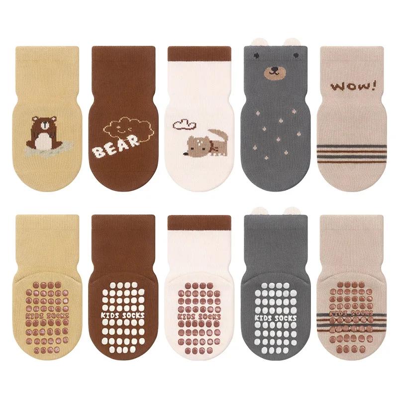 5 paires de chaussettes antidérapantes en coton pour enfants, garçons et filles, chaussettes de sol 