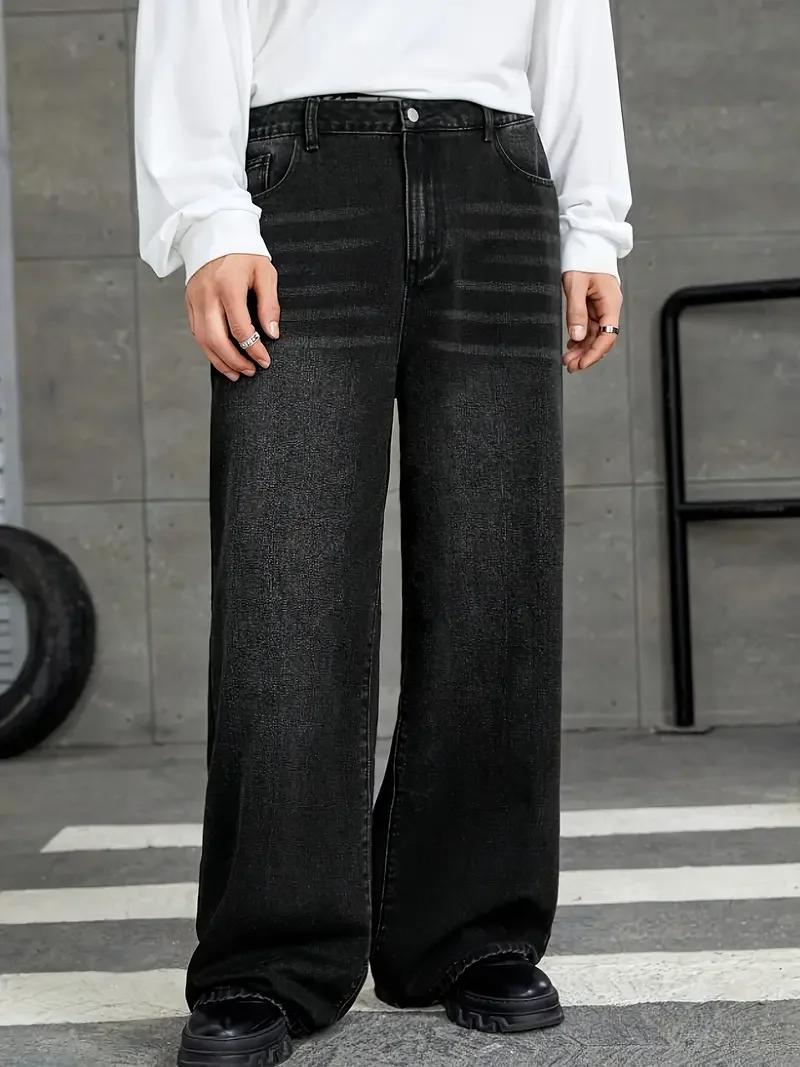 Jean à jambes larges en denim noir coupe ample pour hommes avec détails de lavage brut – Vêtements c