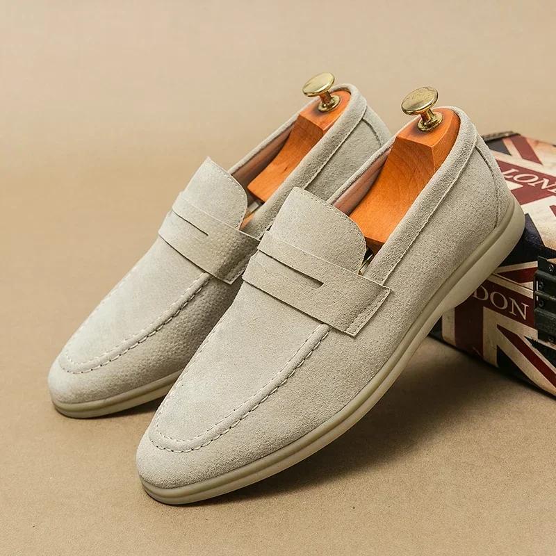 Chaussures décontractées en cuir véritable pour hommes, chaussures de conduite en daim, marque de lu