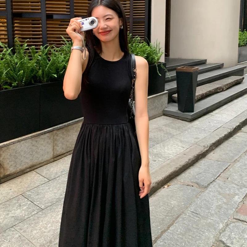 Robe mi-longue noire vintage pour femmes, style de vacances, col rond, poches décontractées, vêtemen