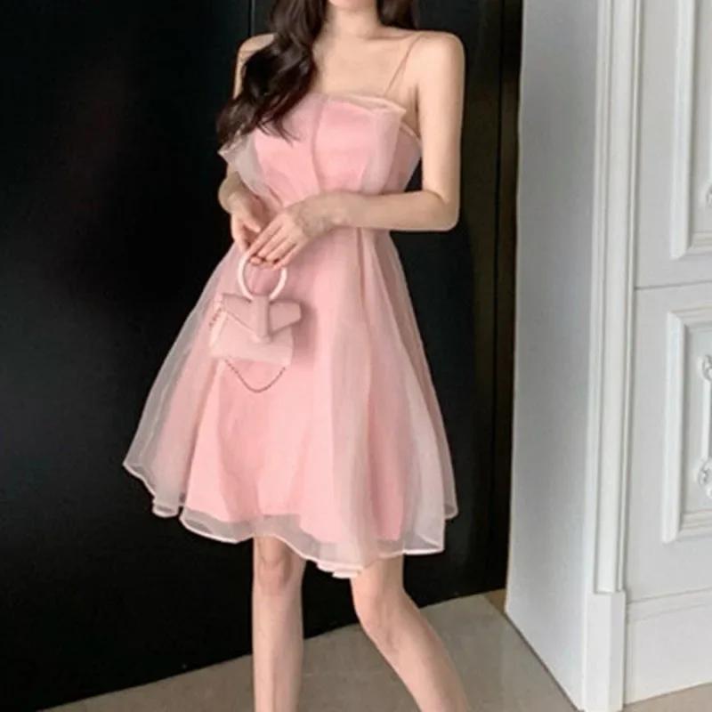 Robe d'été sexy en tulle pour femmes, col licou, française, fine, bretelles fines, rose, mode Joker,