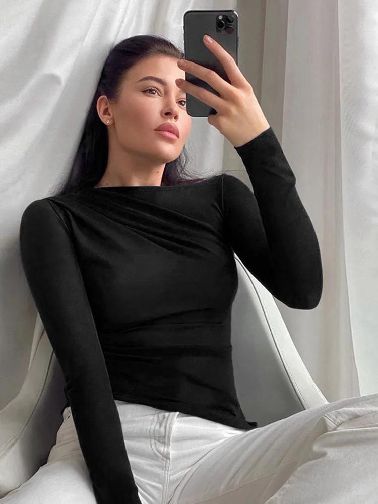 Haut à manches longues blanc T-Shirts femmes basique haut court automne Pollover solide col incliné 