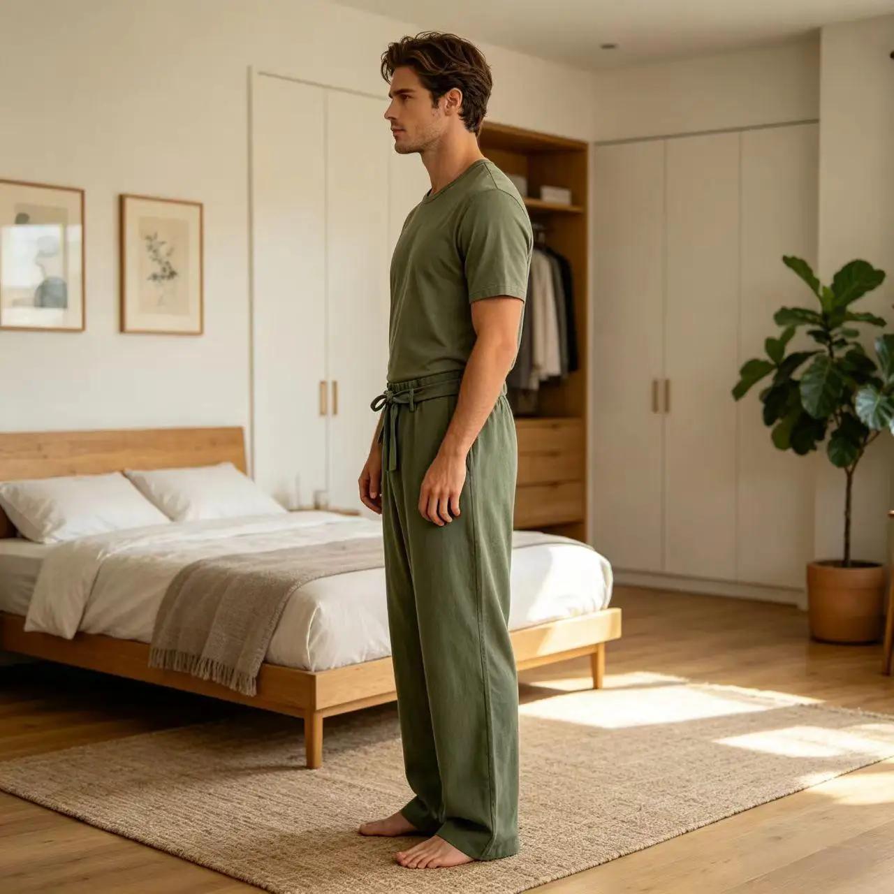 Pantalon décontracté vintage pour homme en mélange de lin à taille haute et jambe large, doux et res