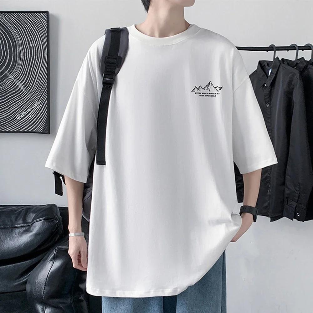 T-shirt en coton imprimé à manches mi-longues pour hommes, t-shirts décontractés à col rond, devant 